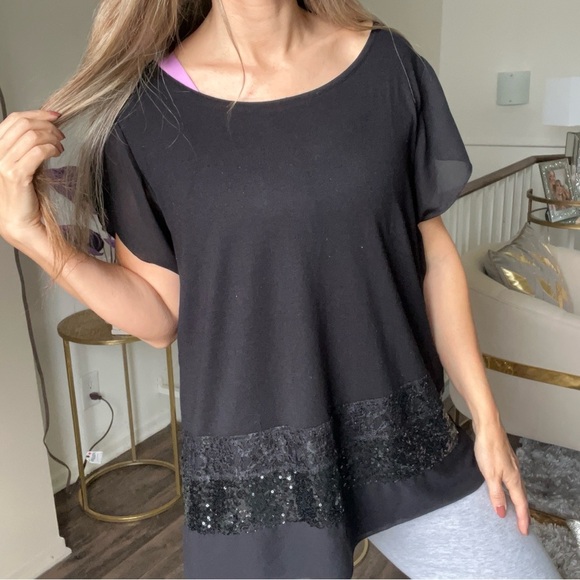 Taifun 80s Vtg Black Short Sleeves Round Neck Sequin Hem Women's Top T-Shirt L - Picture 3 of 11